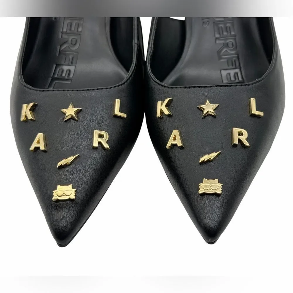Karl Lagerfeld Paris Black Pointed Slingback Heels with Gold Logo Studs 8,5M